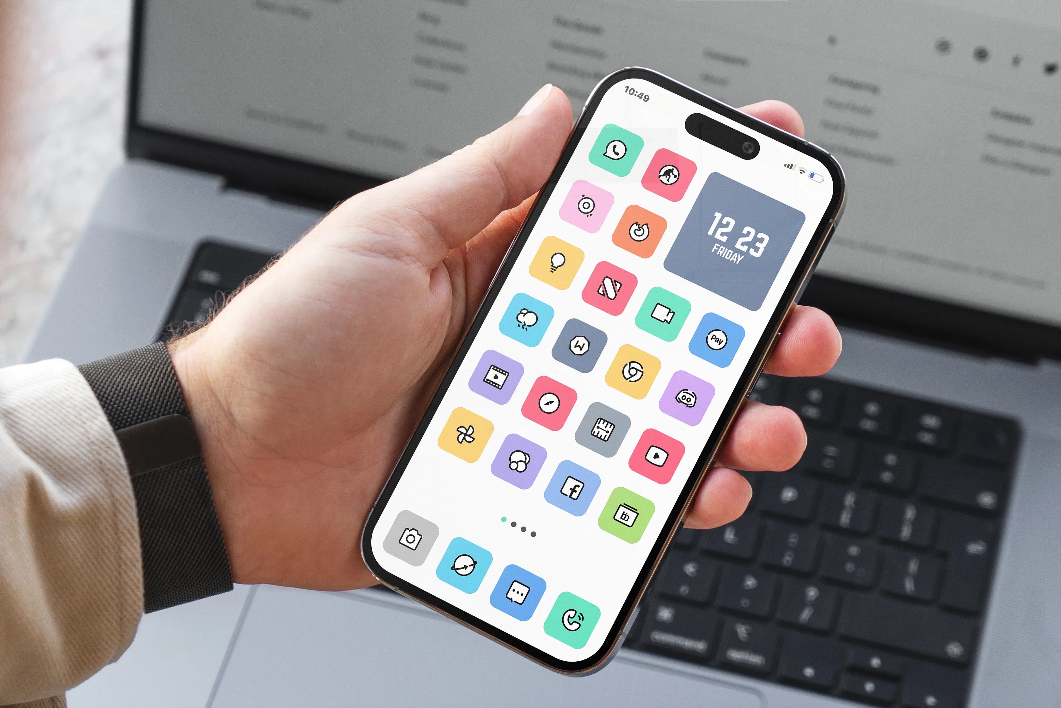 Crayon Adaptive Icons theme on iPhone being held over a MacBook Pro.