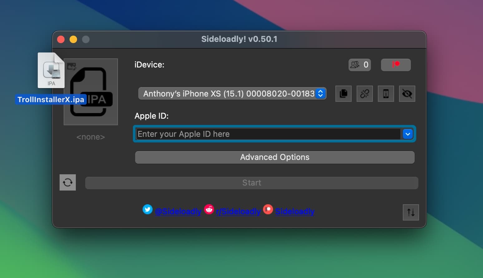 Drag TrollInstaller IPA file into Sideloadly.
