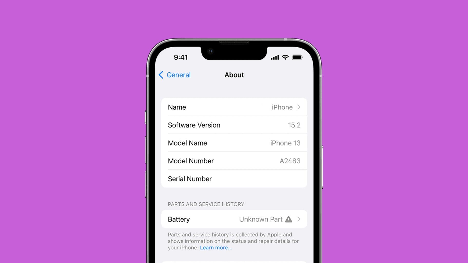 Example of a replaced part appearing in Settings UI