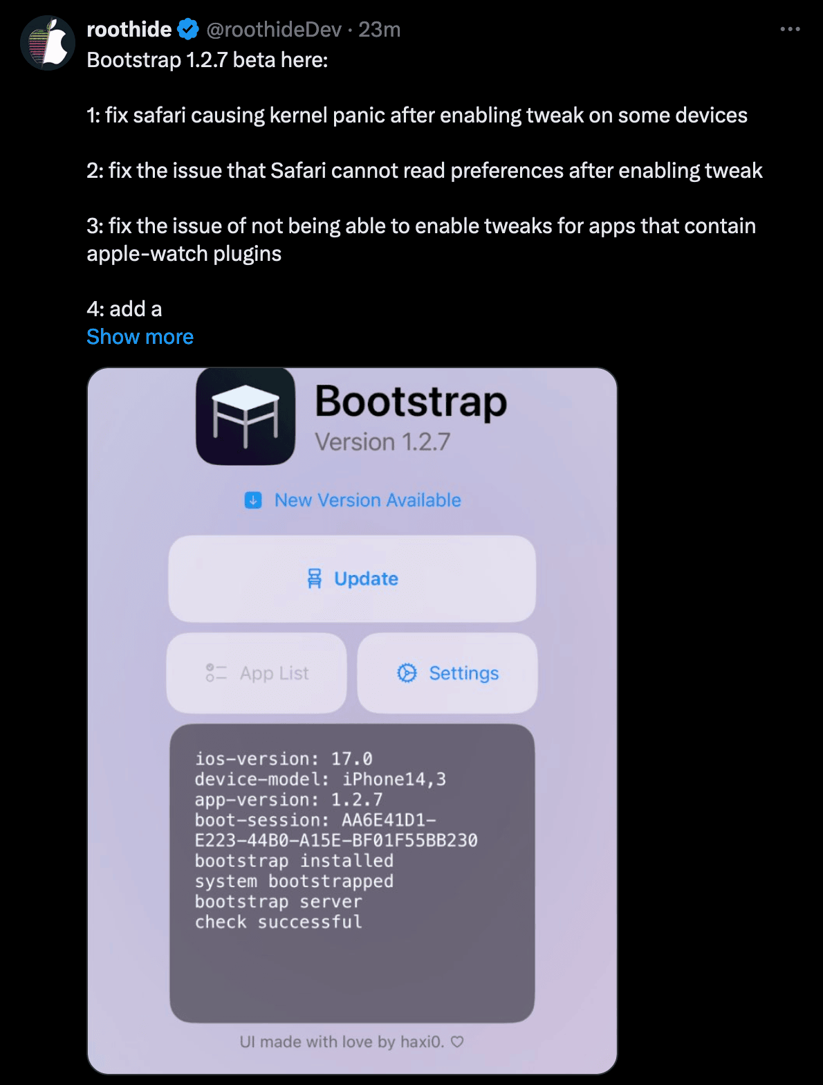 RootHide bootstrap v1.2.7 beta released.