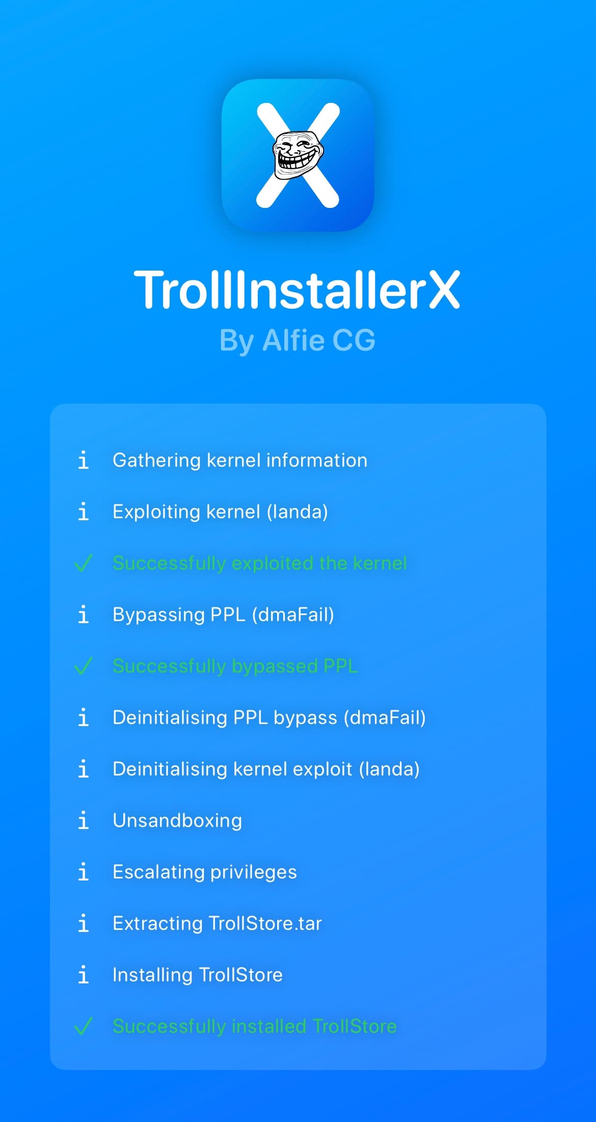 TrollStore installed successfully with TrollInstallerX.