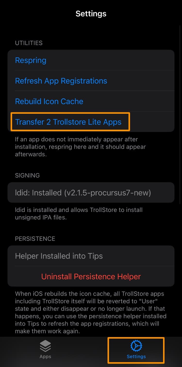 Transfer TrollStore Lite apps to TrollStore button.