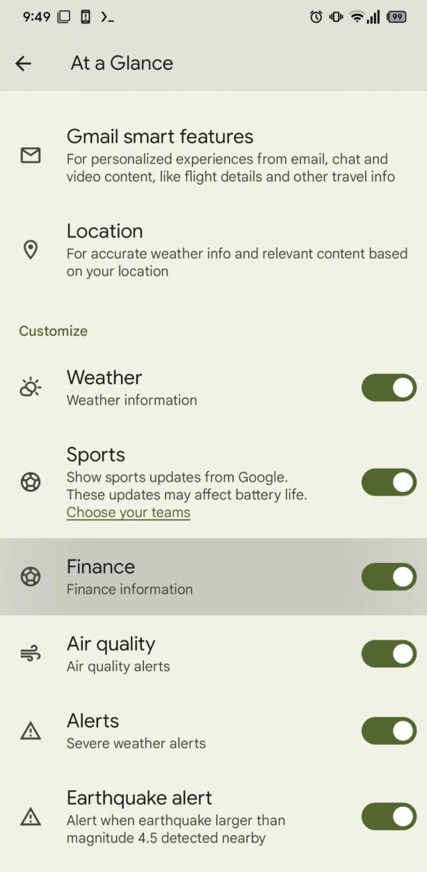 Manually enabled UI for At a Glance's customization toggles showing Sports and Finance.