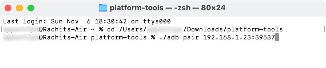 Entering the IP address to link the wireless debugging device to a Mac