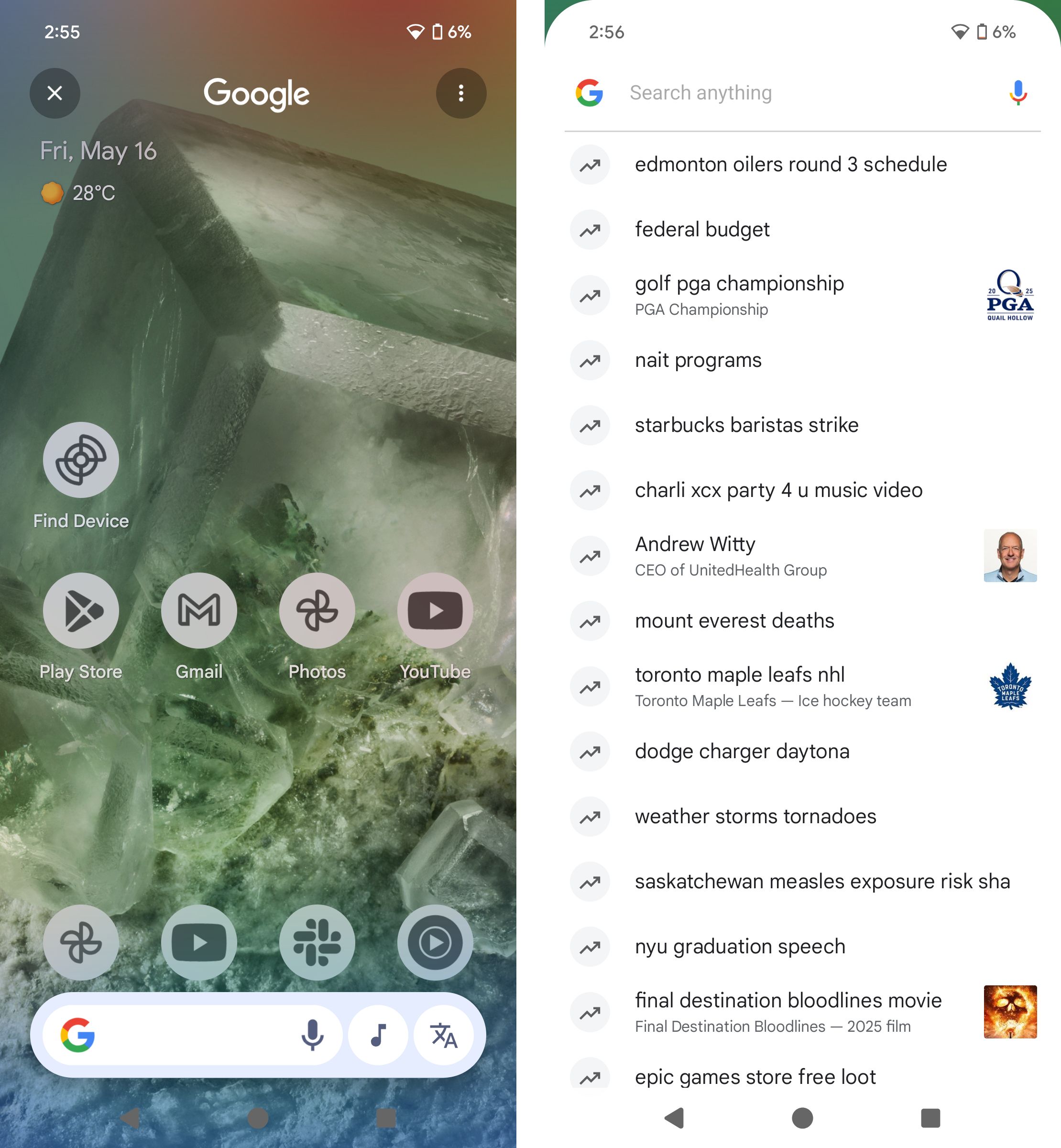 Screenshots of CtS' current implementation where tapping the search bar takes you directly into a Google Search instance. 