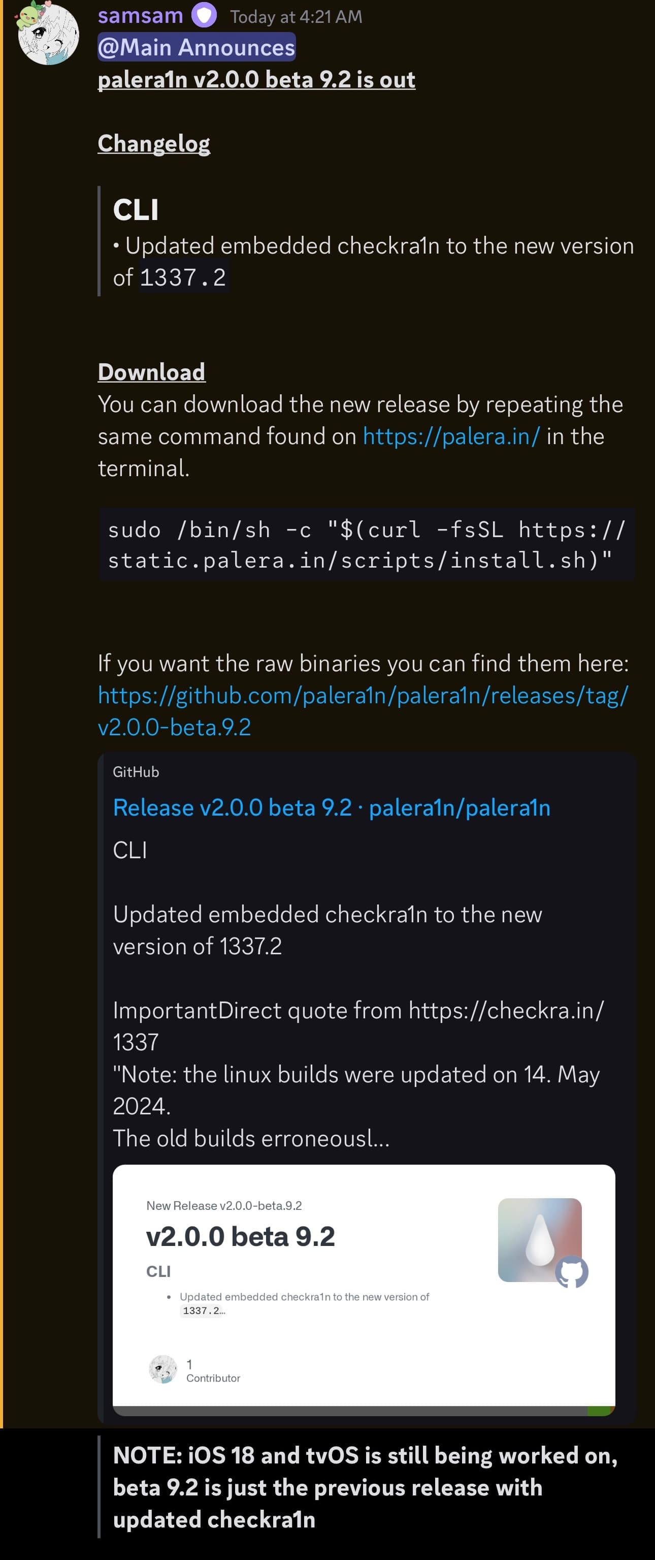 palera1n v2.0.0 beta 9.2 announcement.