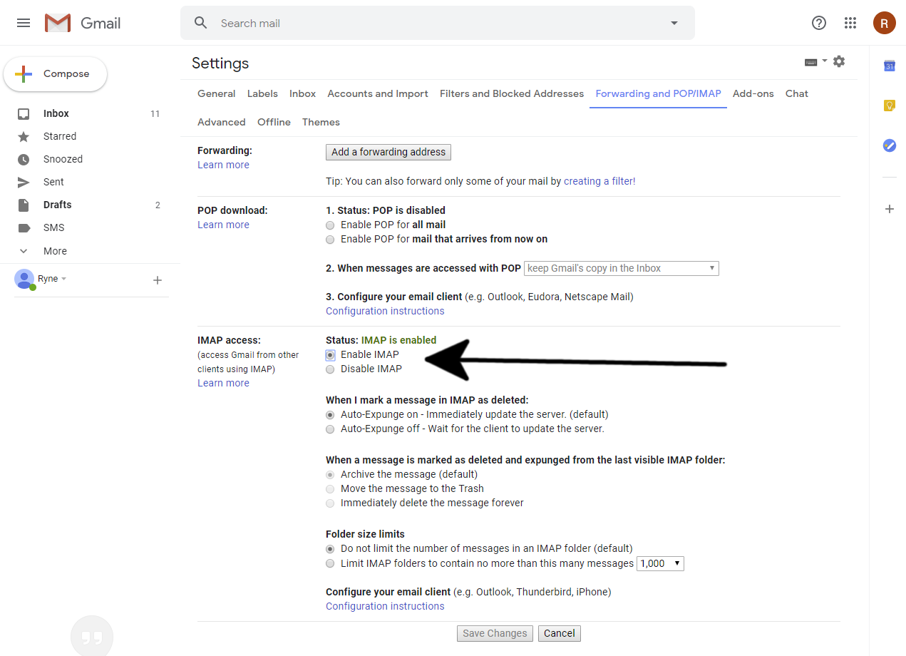 Black arrow pointing to the 'enable IMAP' option in Gmail settings.