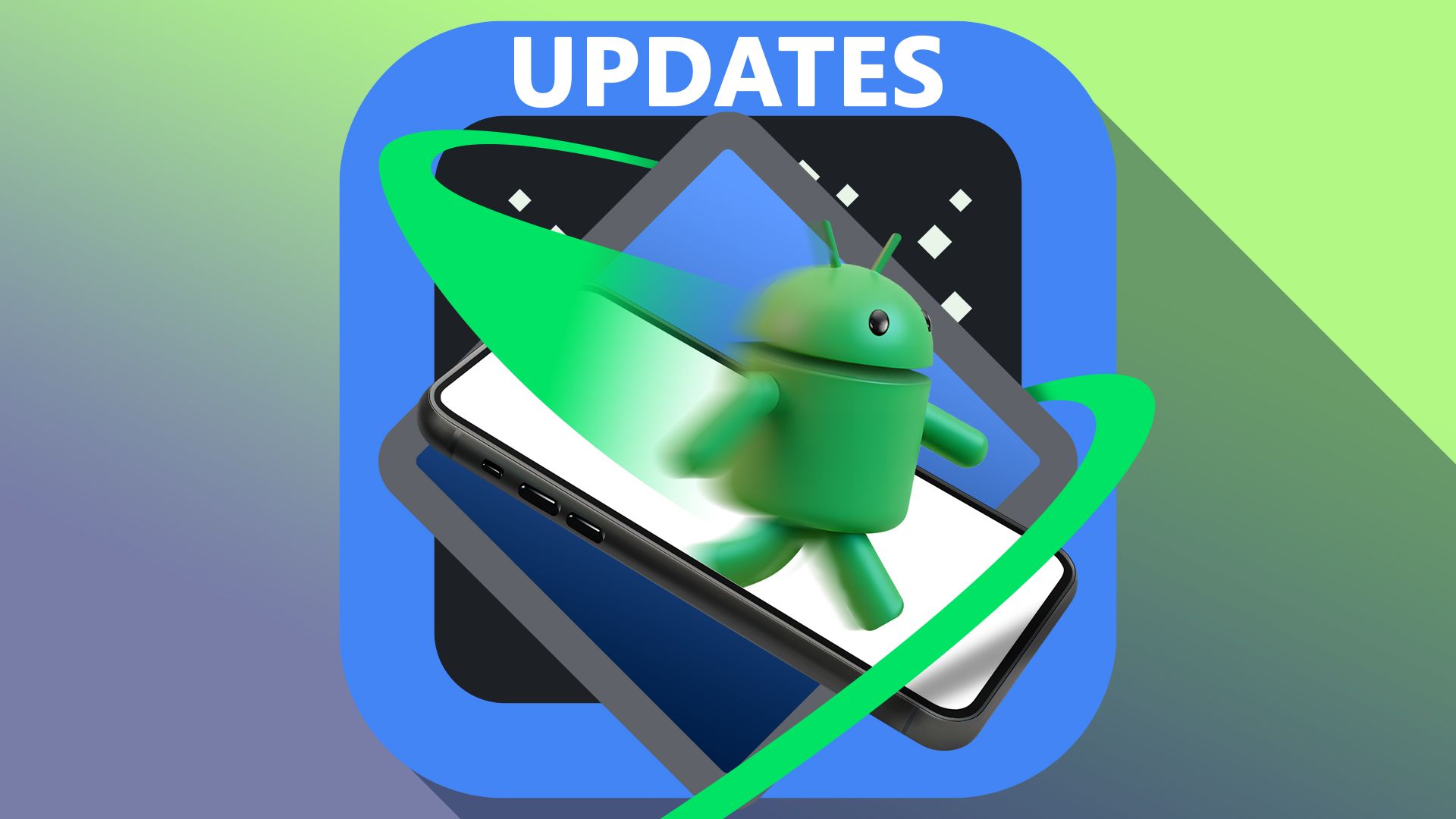Customized Android 16 logo with a smartphone screen showing the Android mascot running.