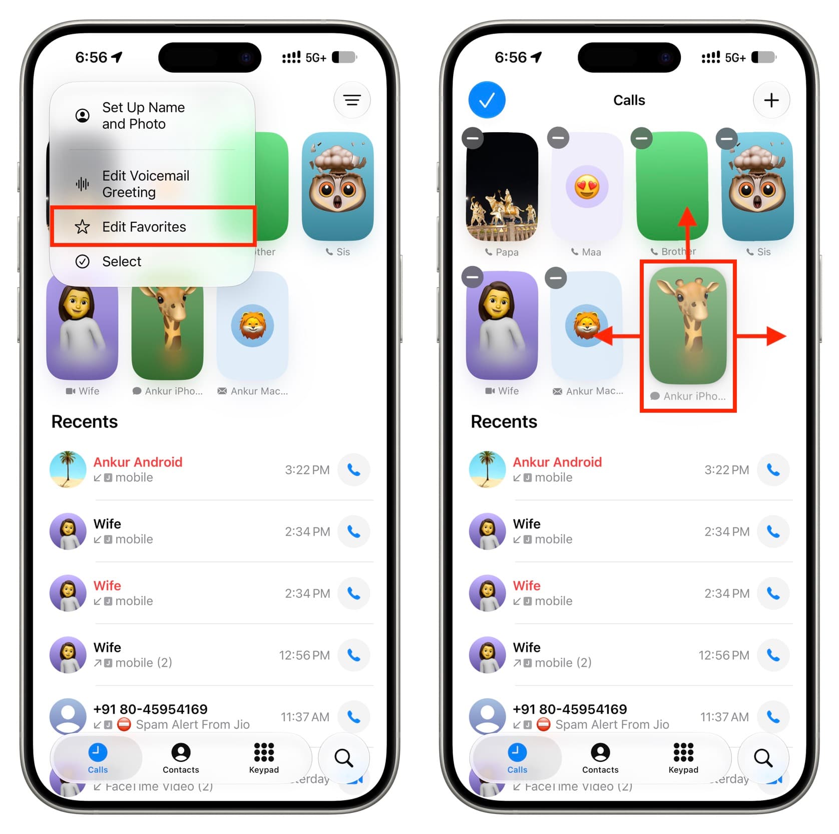 Change order of favorite contacts in Unified Phone app layout on iPhone