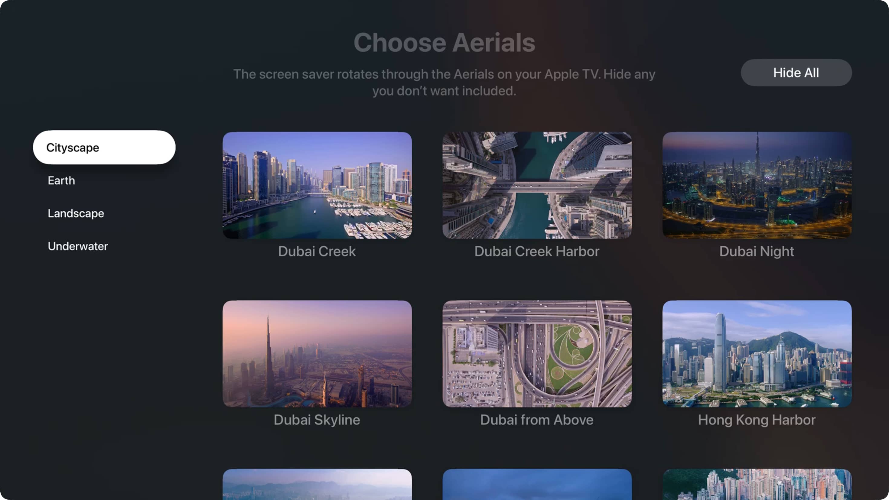 Customizing Aerials cityscape screen saver on Apple TV