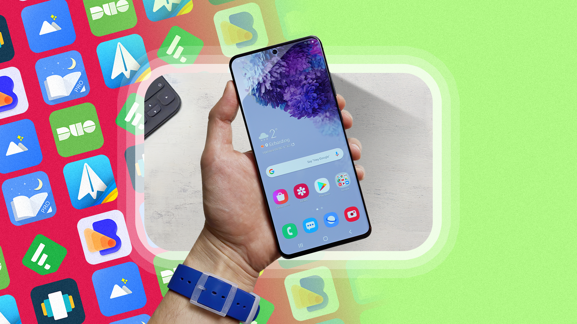A hand holding a phone and several apps in the background.