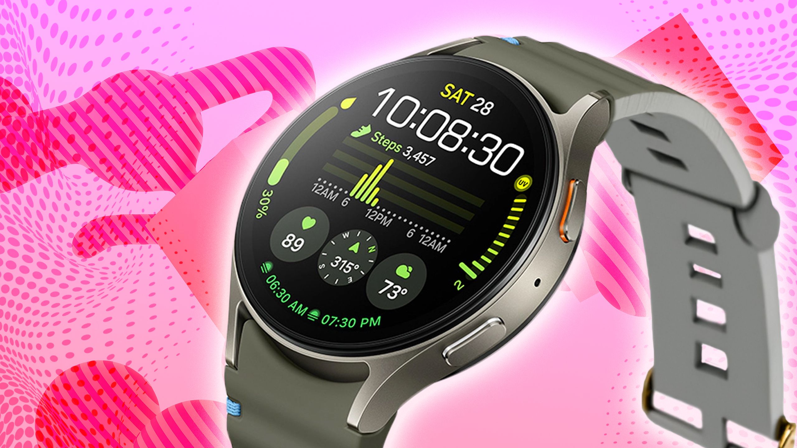Samsung Galaxy Watch 7 with a pink background behind