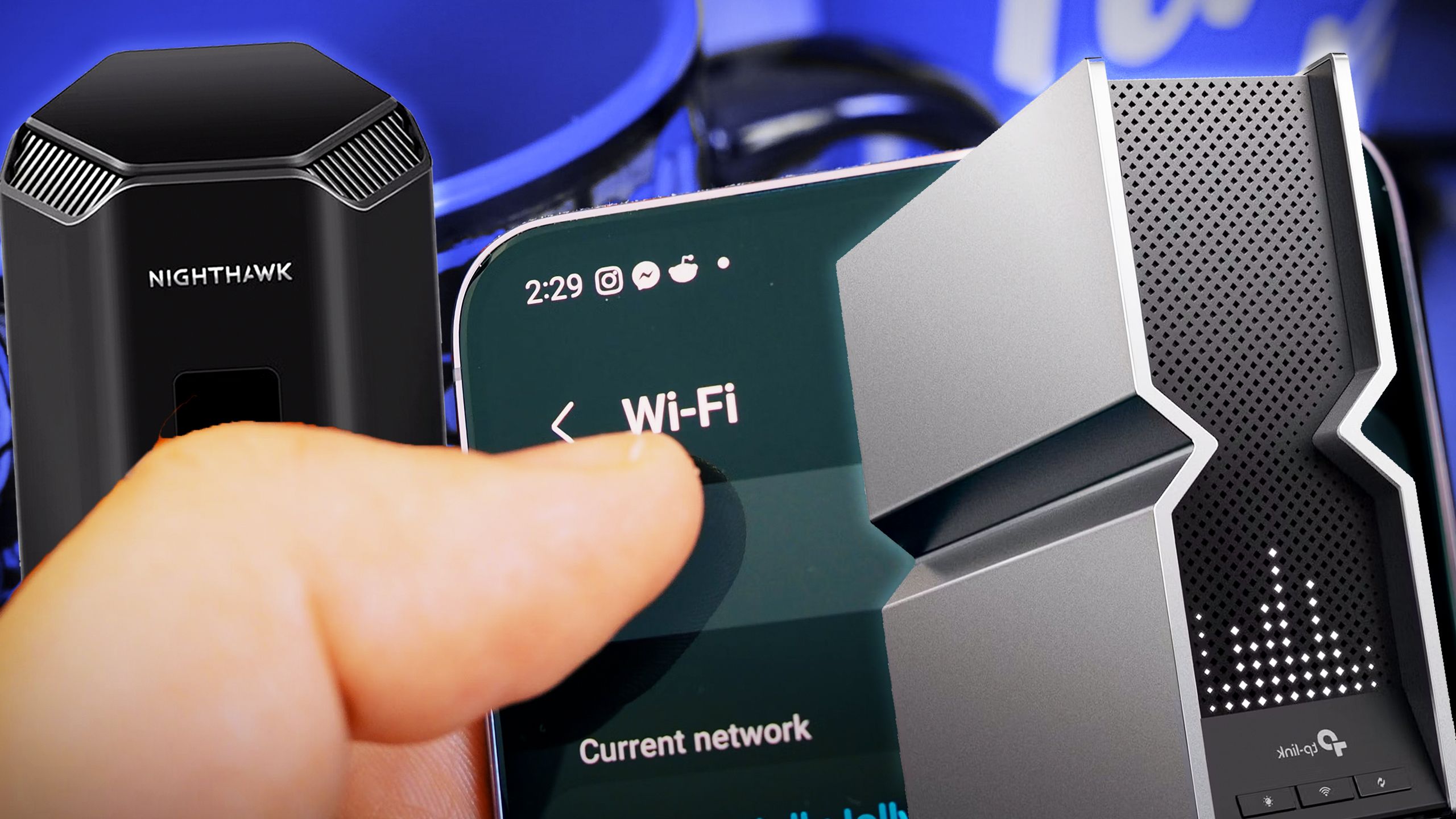 A hand holding a phone surrounded by Wi-Fi routers