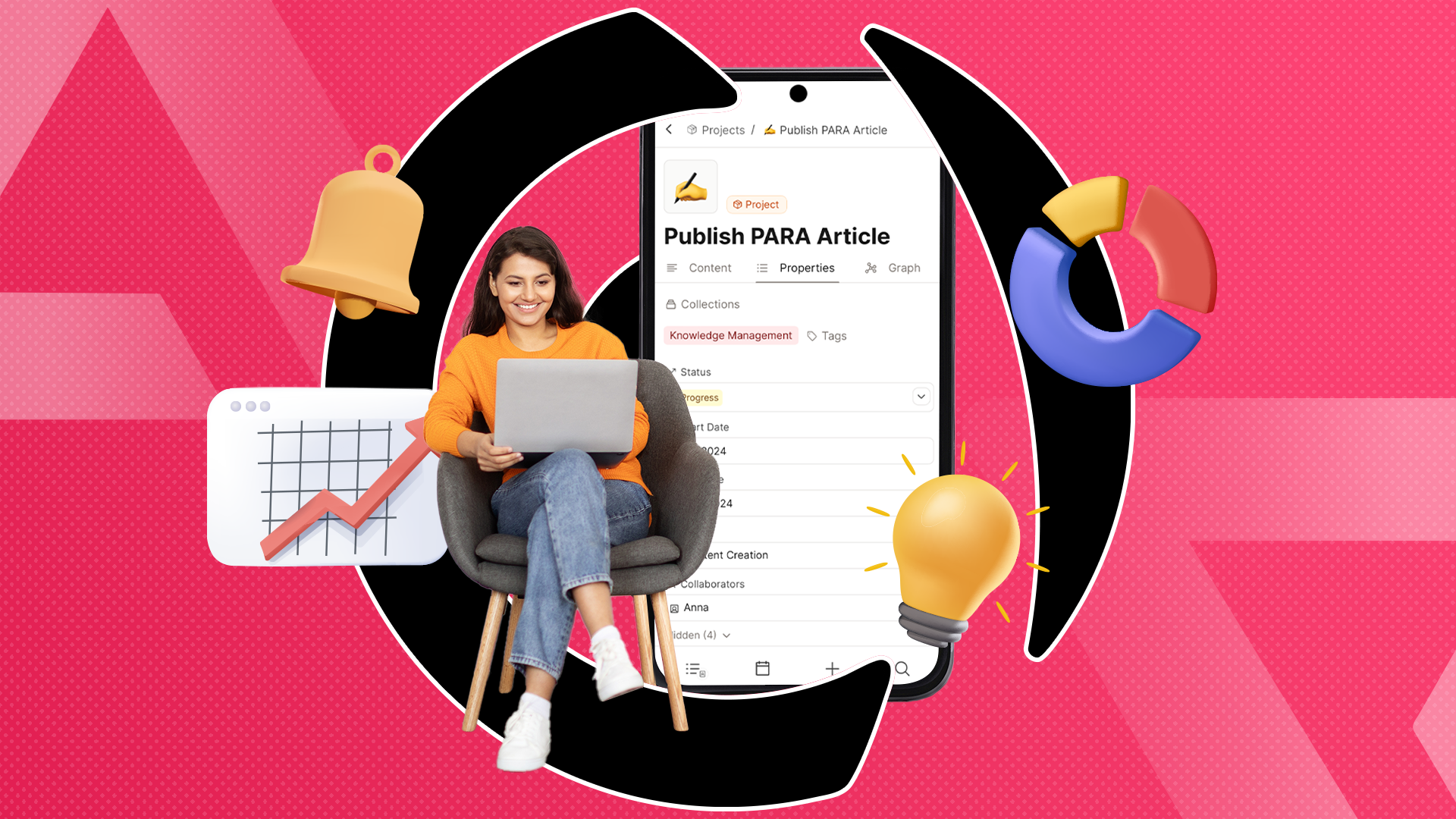 A woman using her laptop with a smartphone beside her running a productivity app and productivity icons around.