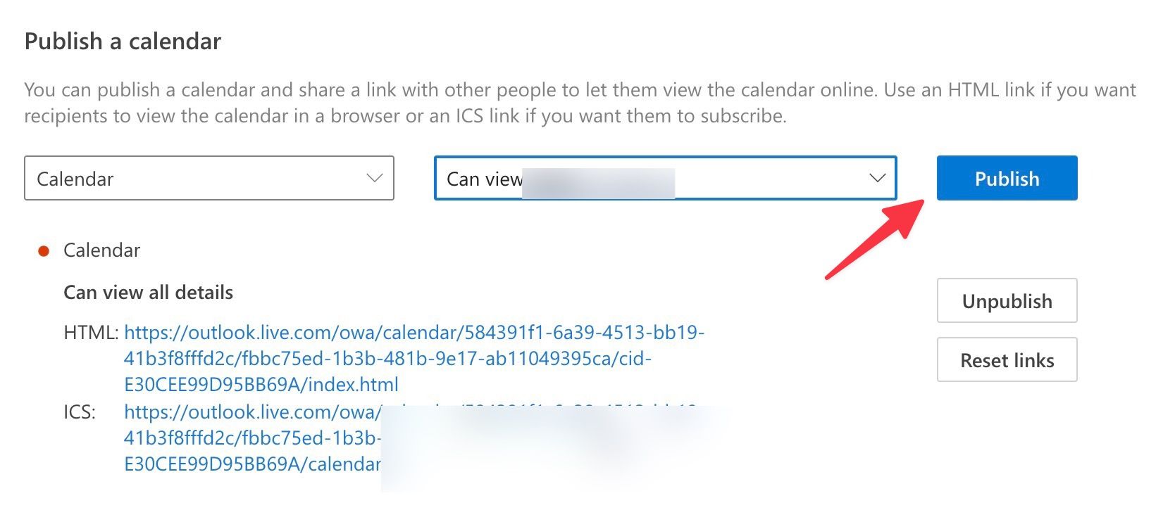 Red arrow pointing to the Publish button in Outlook