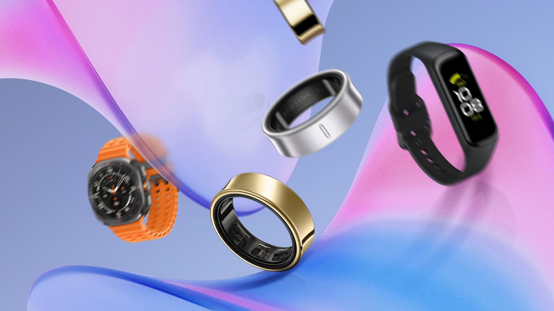 Some smartwatches on a curved surface with a smartwatch and a smart band beside them.