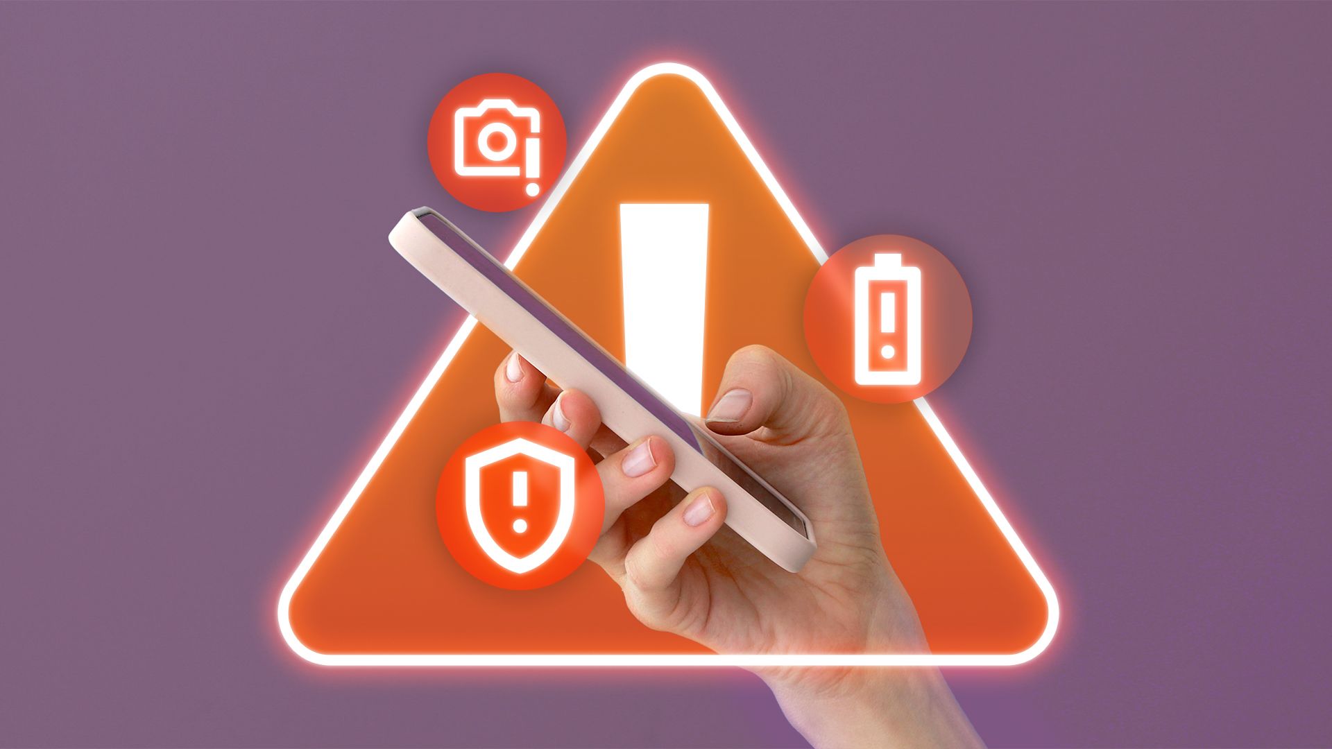 A hand holding a phone with camera, security, and battery icons around it with a warning sign.