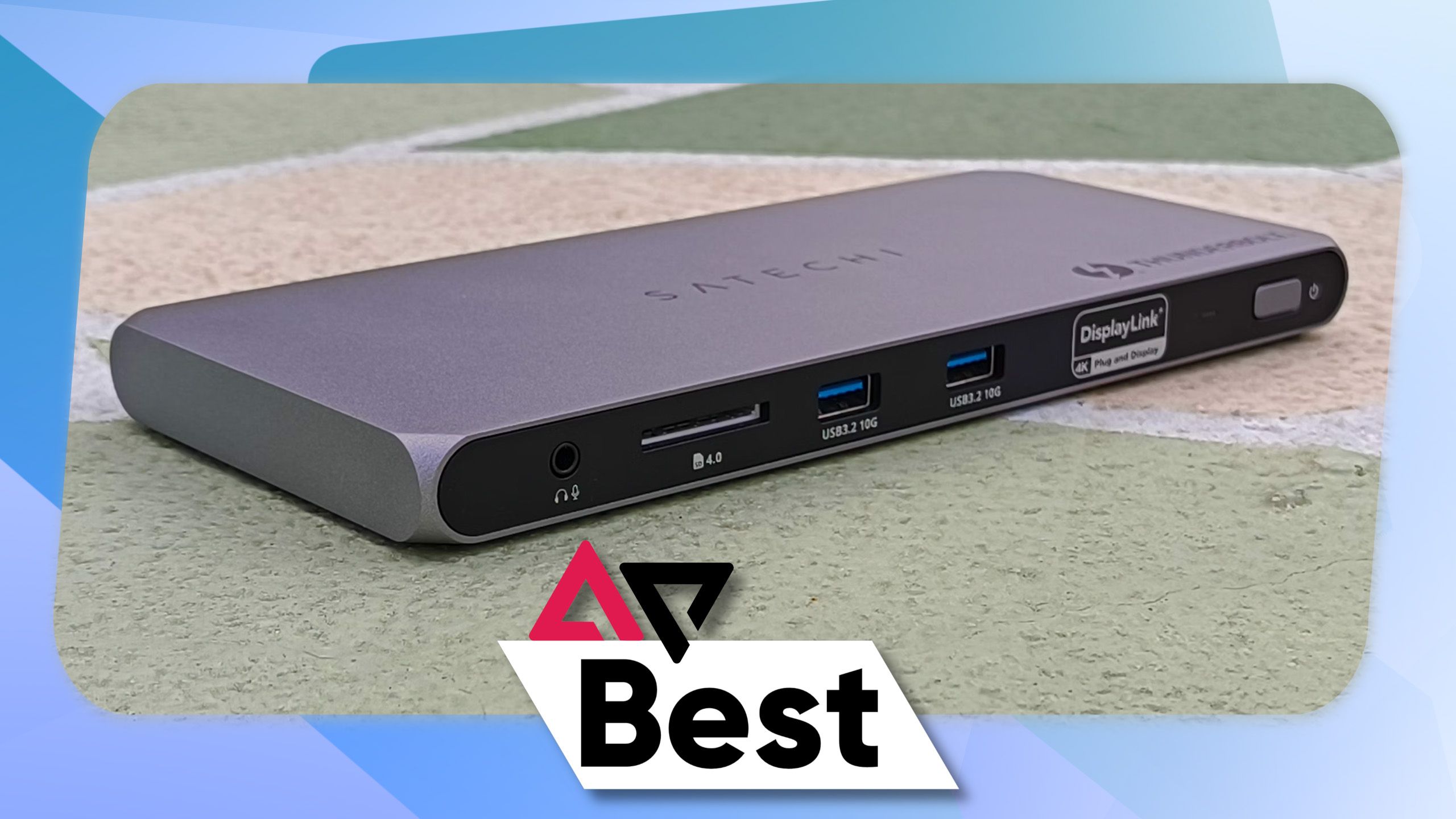 A photo of a Satechi dock with an AP Best logo below and a blue frame