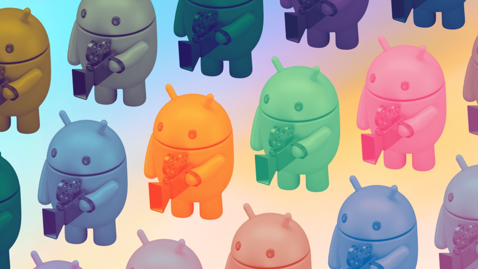 A series of Android bot mascots holding video cameras