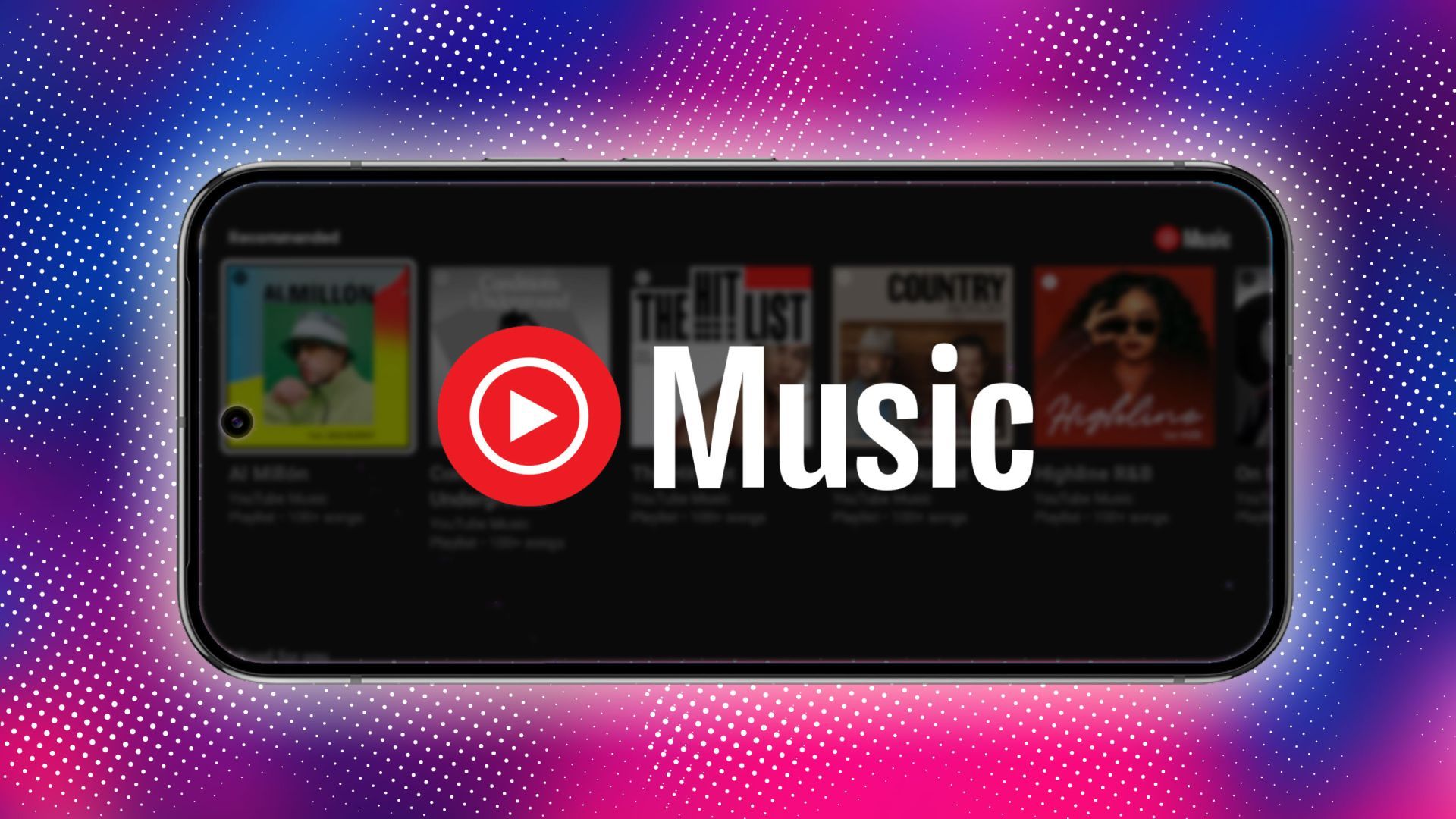 The YouTube Music logo on top of a smartphone against a purple and pink background