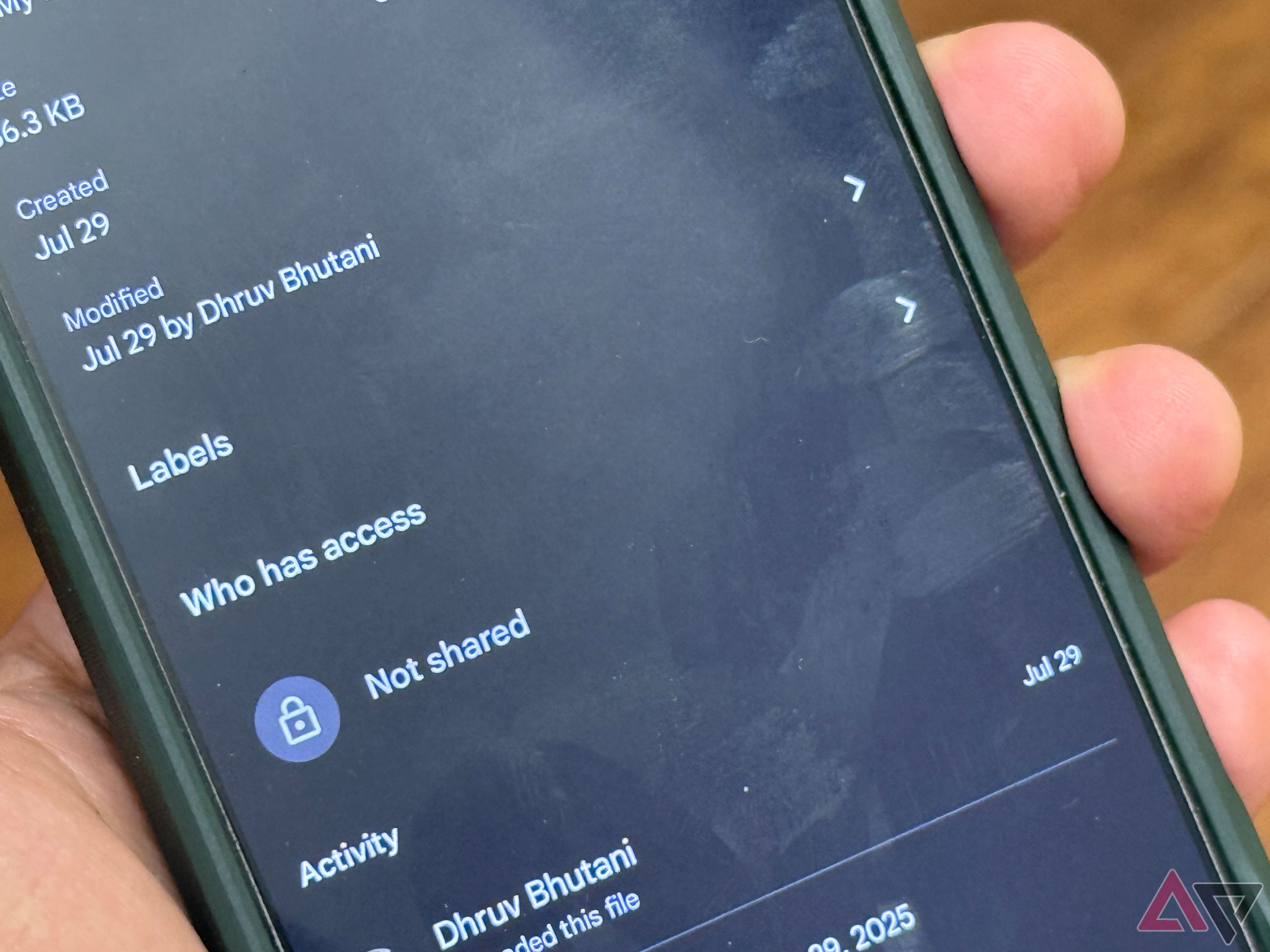 A phone showing a list of Google Drive labels