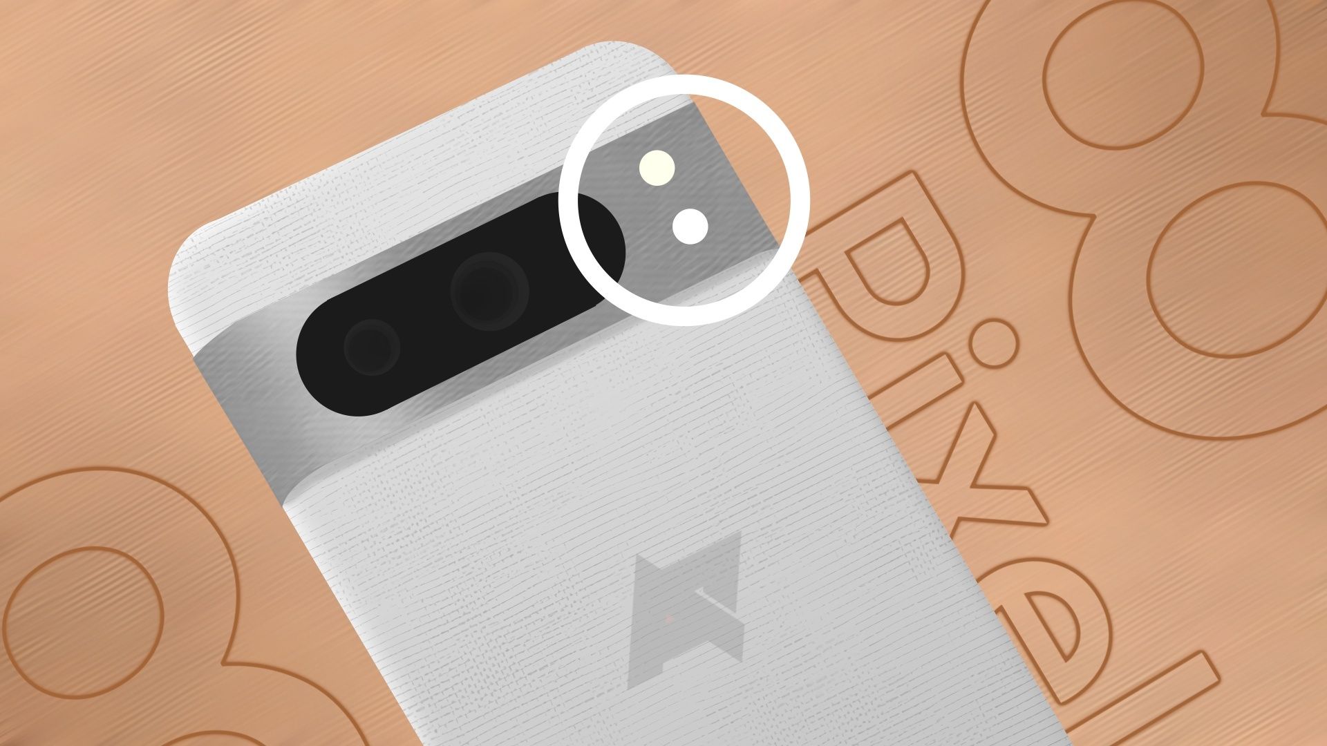 A stylized render of what the Google Pixel 8 Pro is likely to look like in its white version, with the name of the phone written in the background. A while ring is highlighting the section next to the cameras.