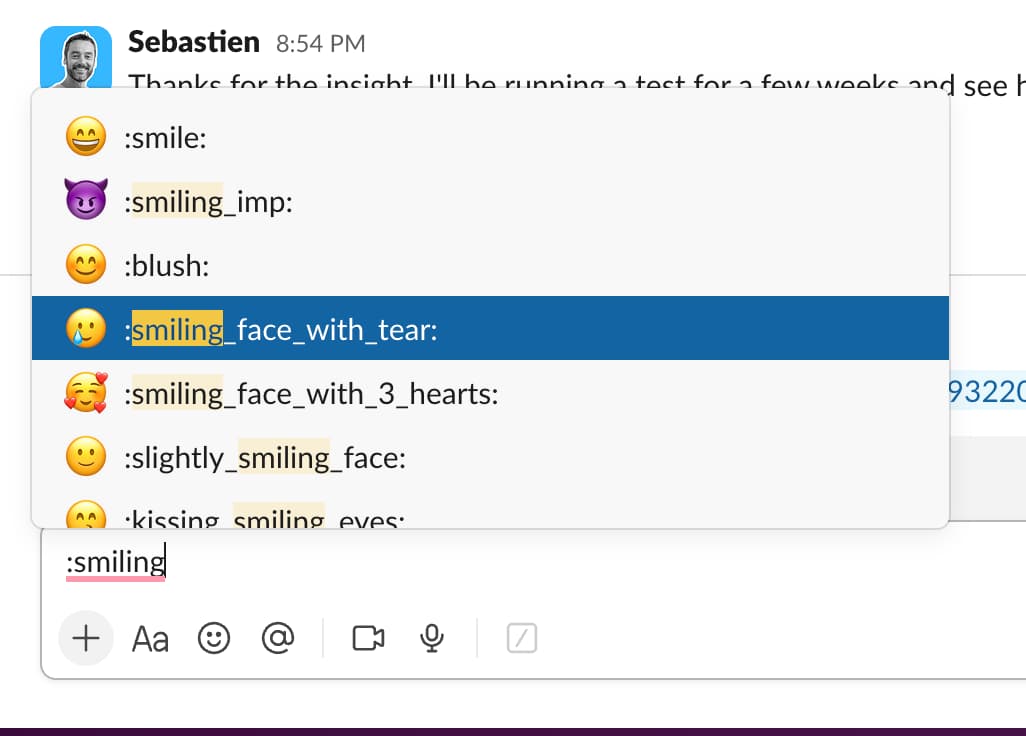 Entering emoji in Slack by typing colon and emoji name