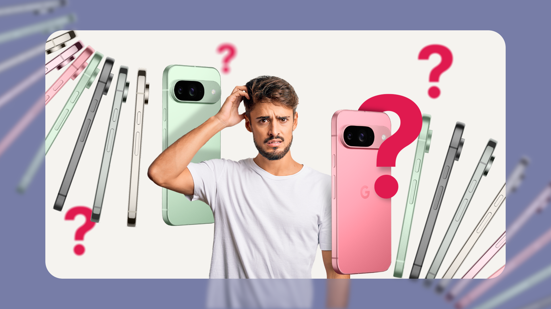 A confused man with several Google Pixel phones next to him and question marks around.