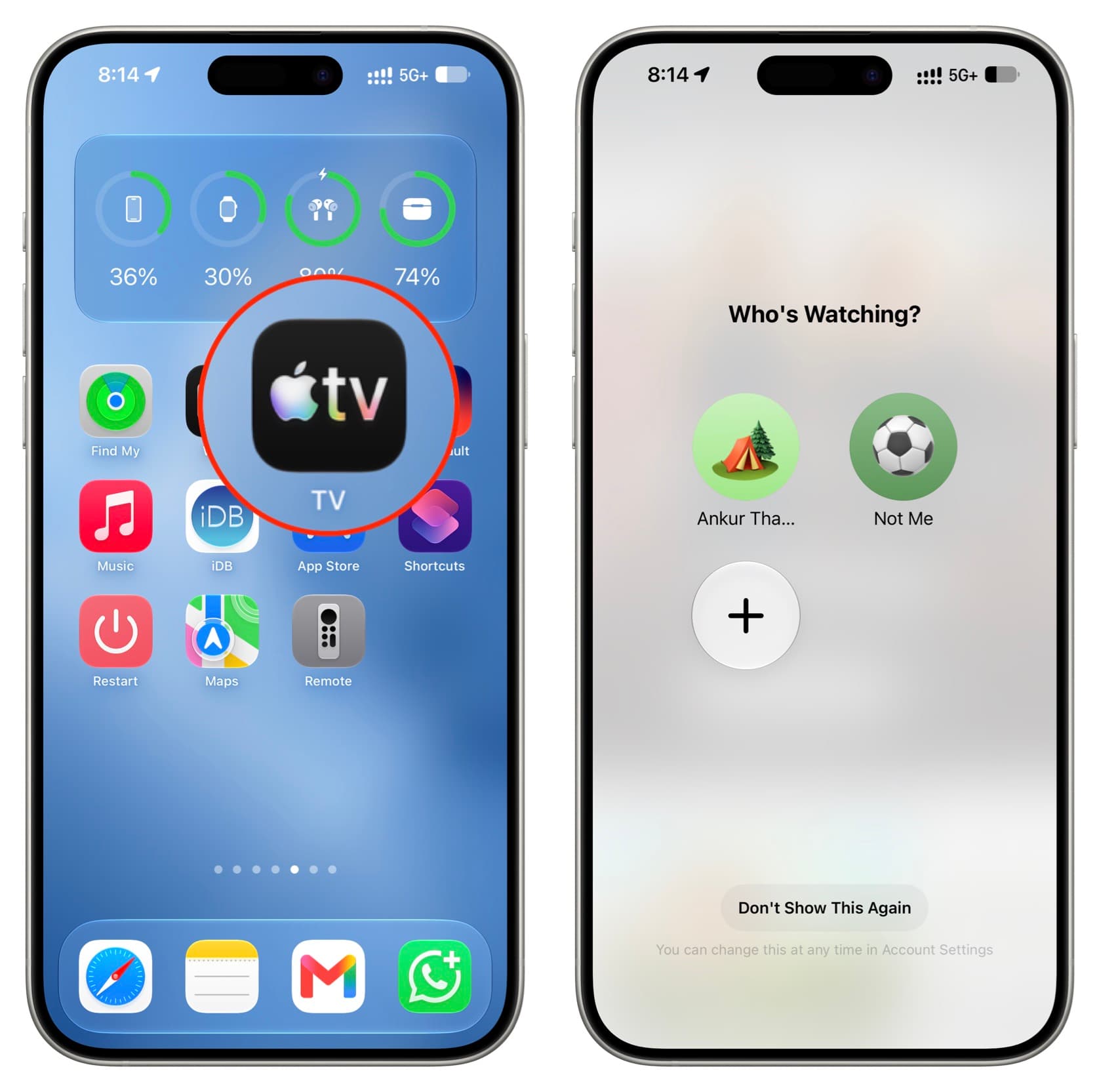 Selecting profile in Apple TV app on iPhone