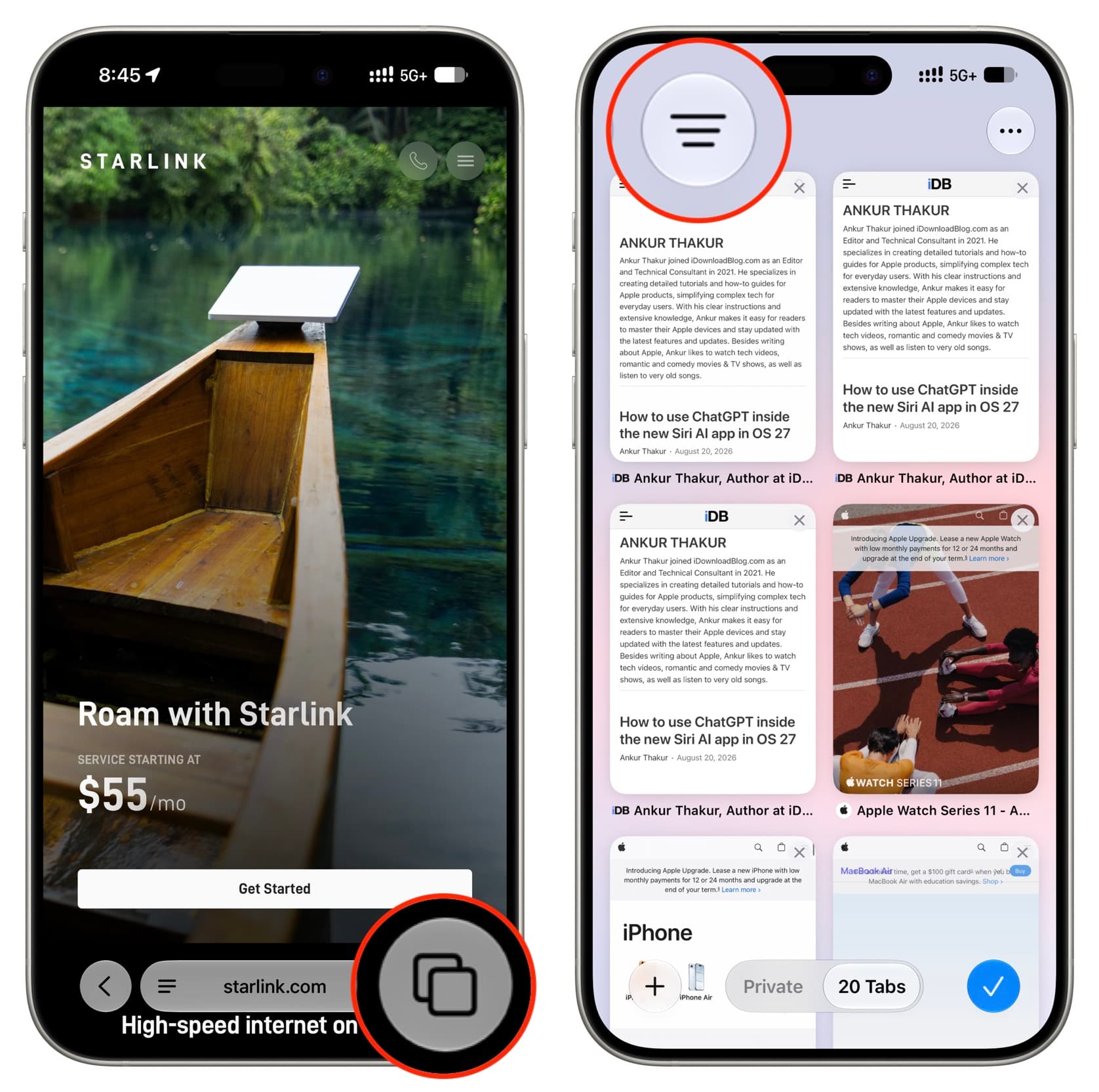 Tap three lines icon in Safari tabs view on iPhone in iOS 27