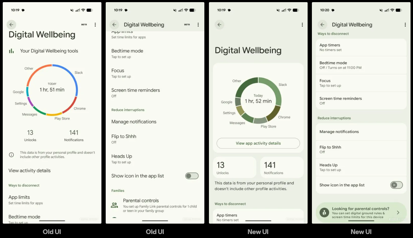 Screenshots showing off Digital Wellbeing Material 3 Expressive