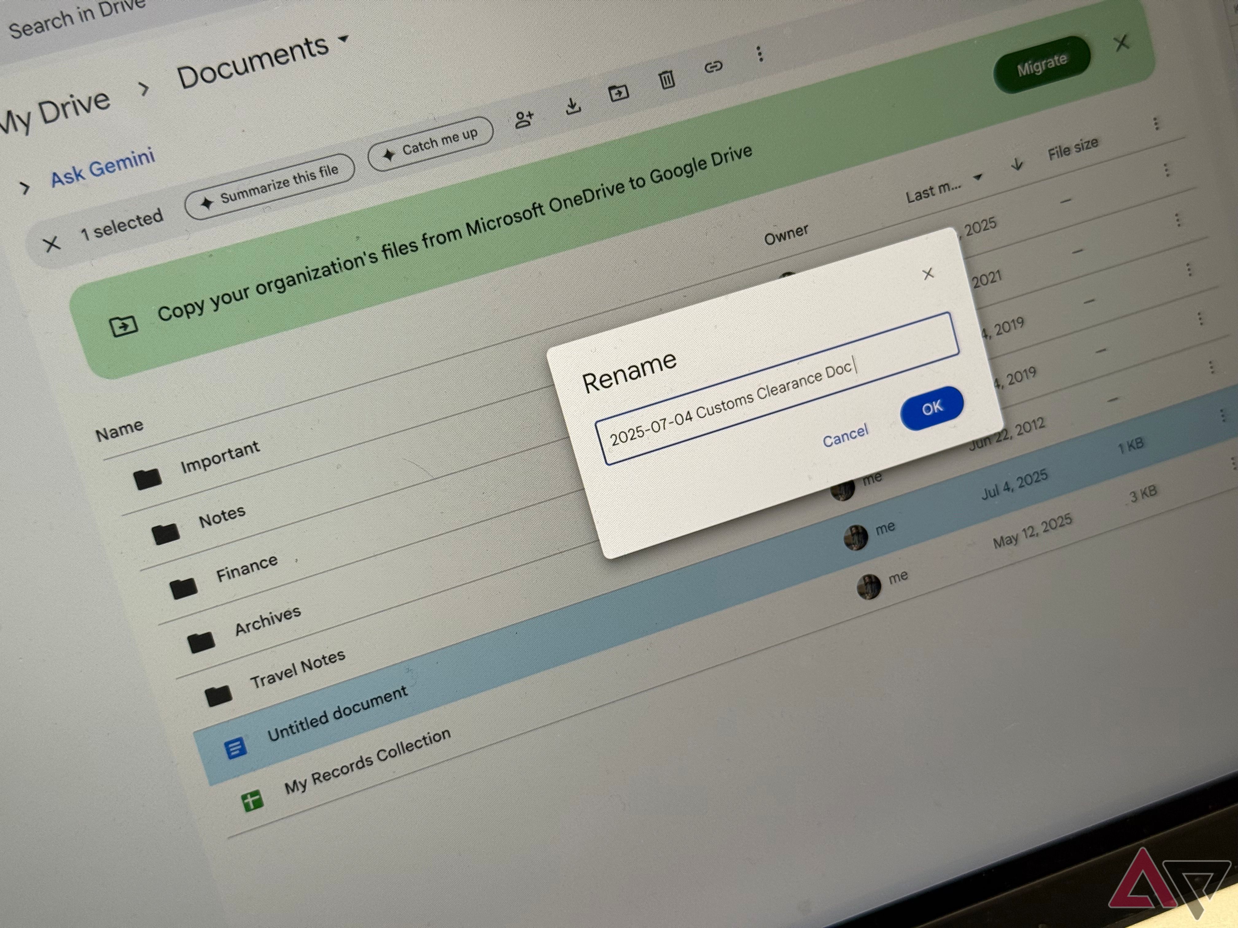 A laptop screen showing the Google drive file naming feature