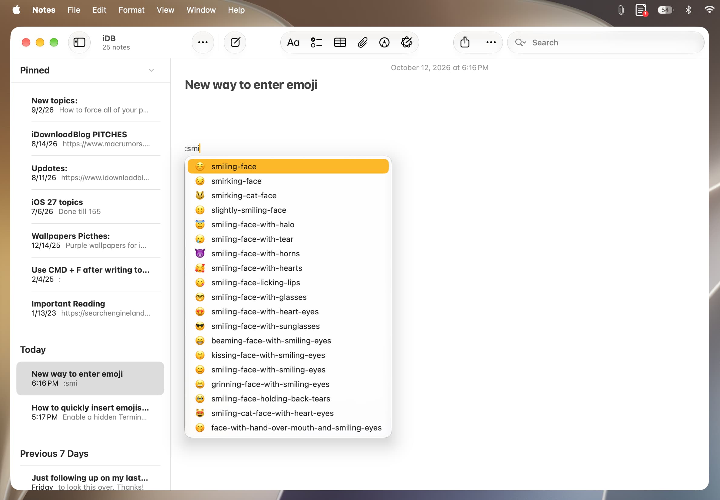 Inserting emoji in Mac Notes app using colon trick