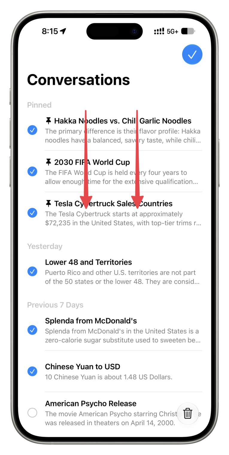 Selecting multiple conversations quickly in Siri AI app in iOS 27
