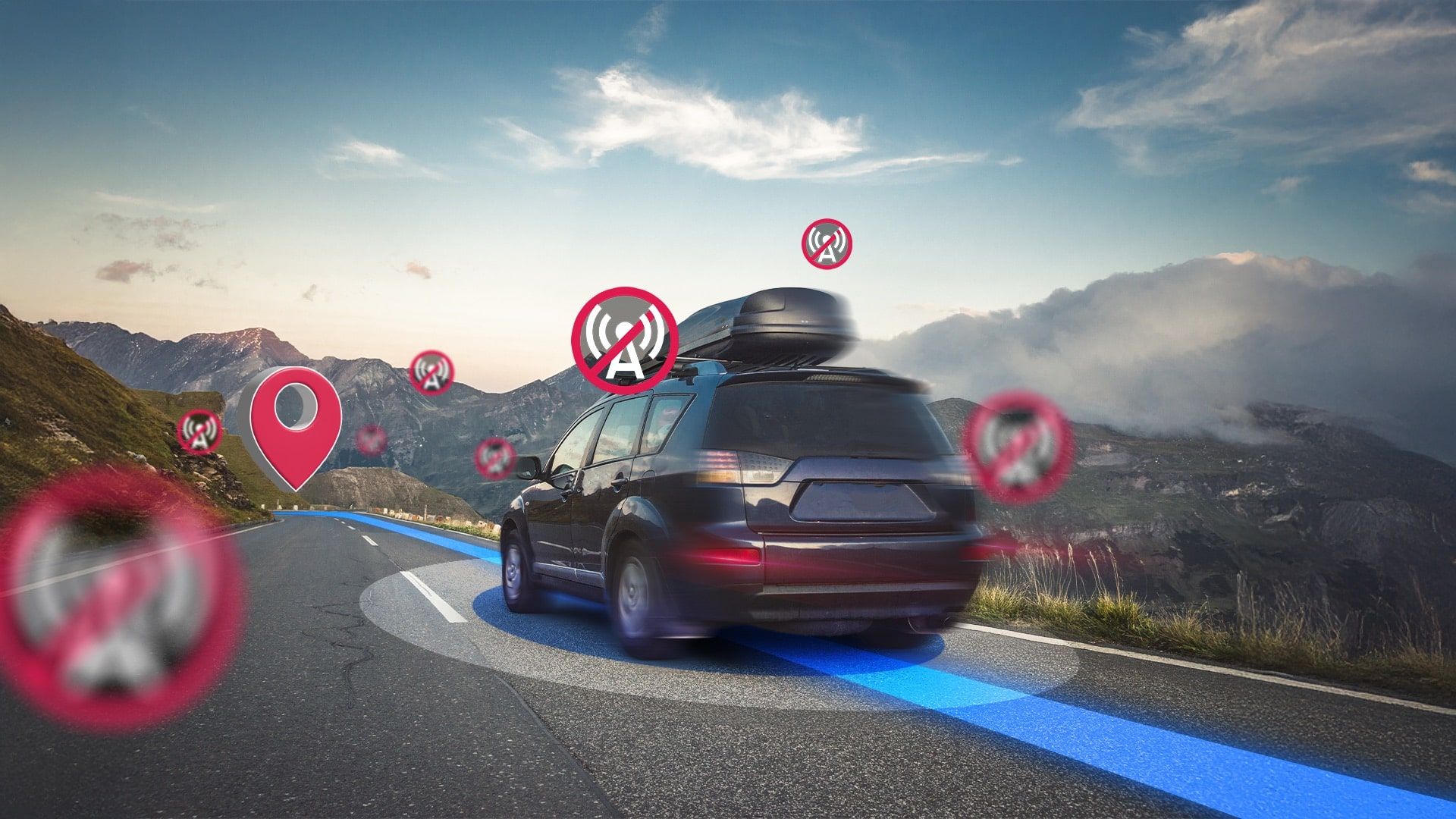 Car on road following GPS route highlighted in blue with surrounding icons indicating no data