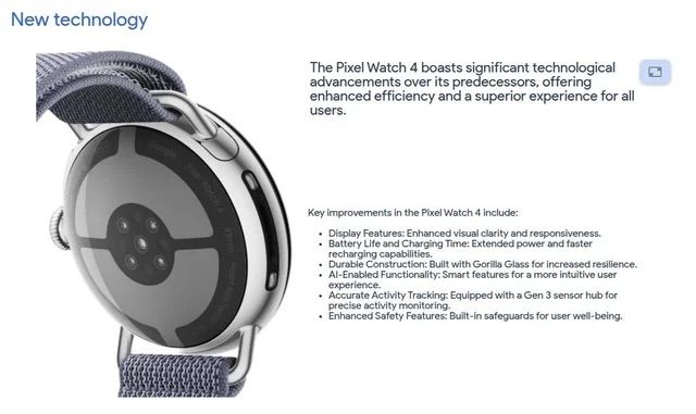 An image of leaked Google Pixel Watch 4 marketing materials showcasing the smartwatch's back and left-hand side