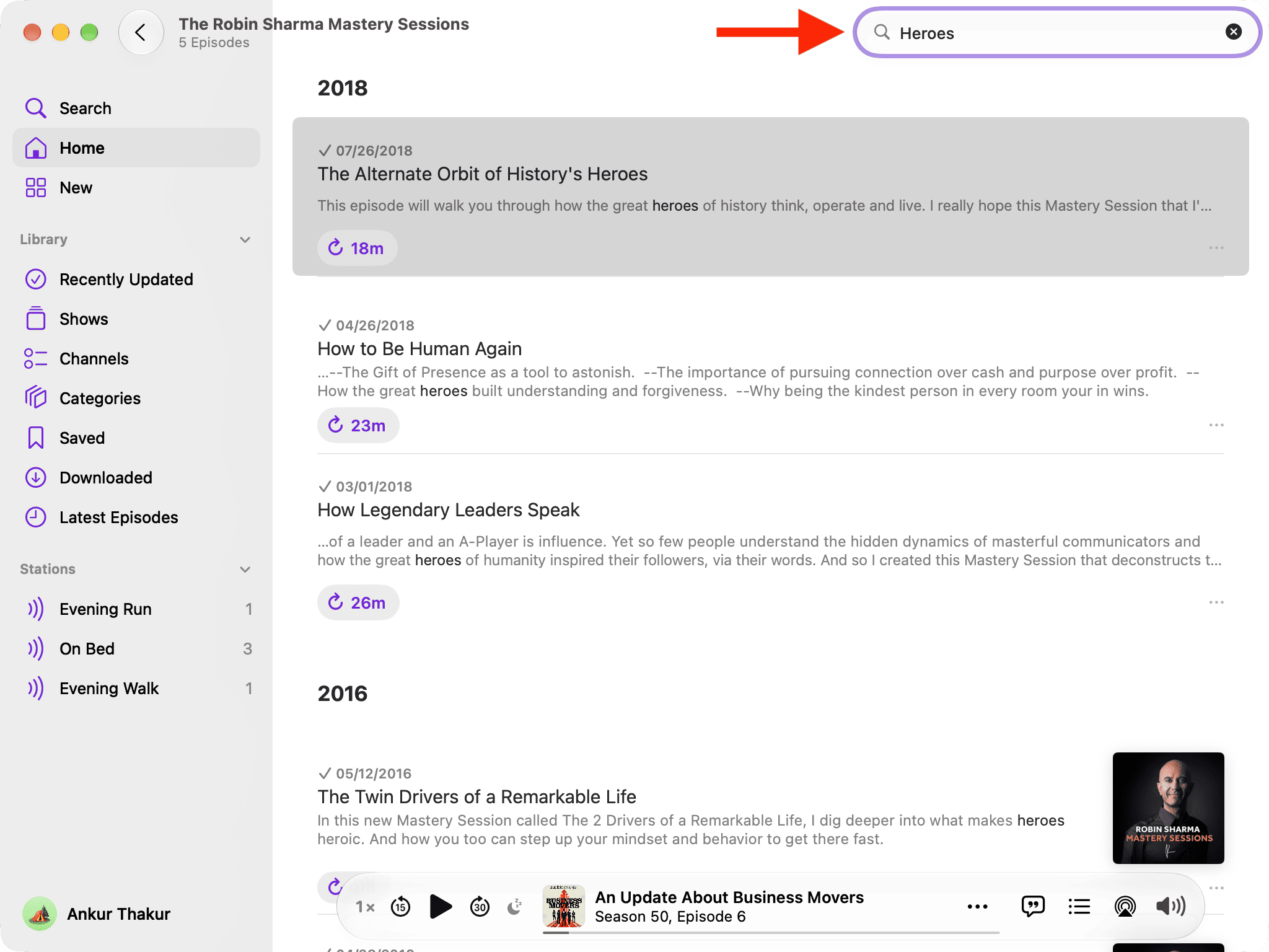 Searching for an episode of a show on Apple Podcasts in macOS 27