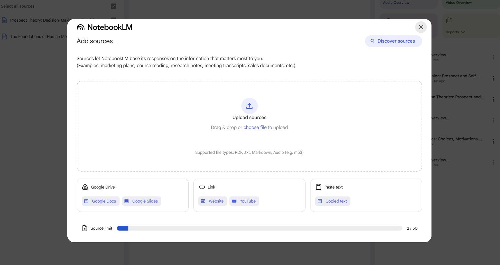 Screenshot showing how to upload sources on NotebookLM