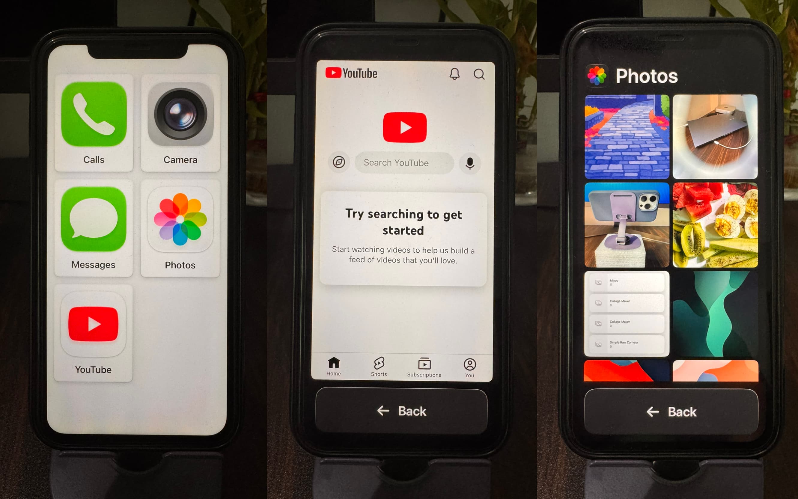 Assistive Access on iPhone showing Home Screen YouTube and Photos apps