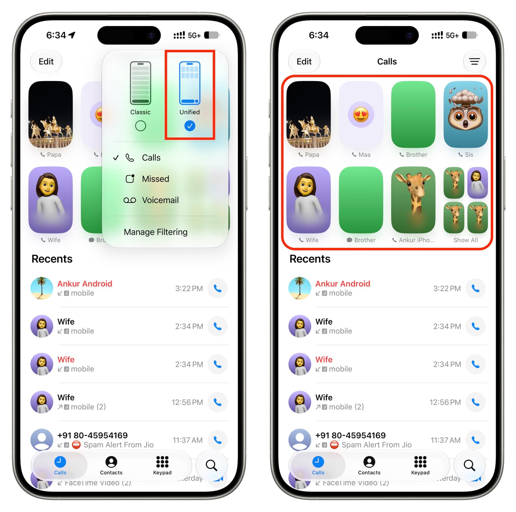 Seeing Favorites in unified Phone layout on iPhone