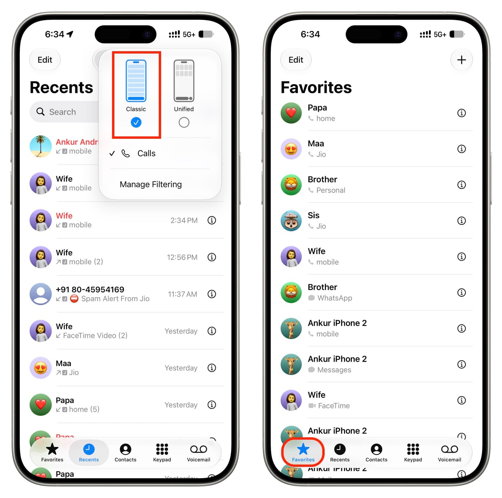 Seeing Favorites in Classic Phone layout on iPhone