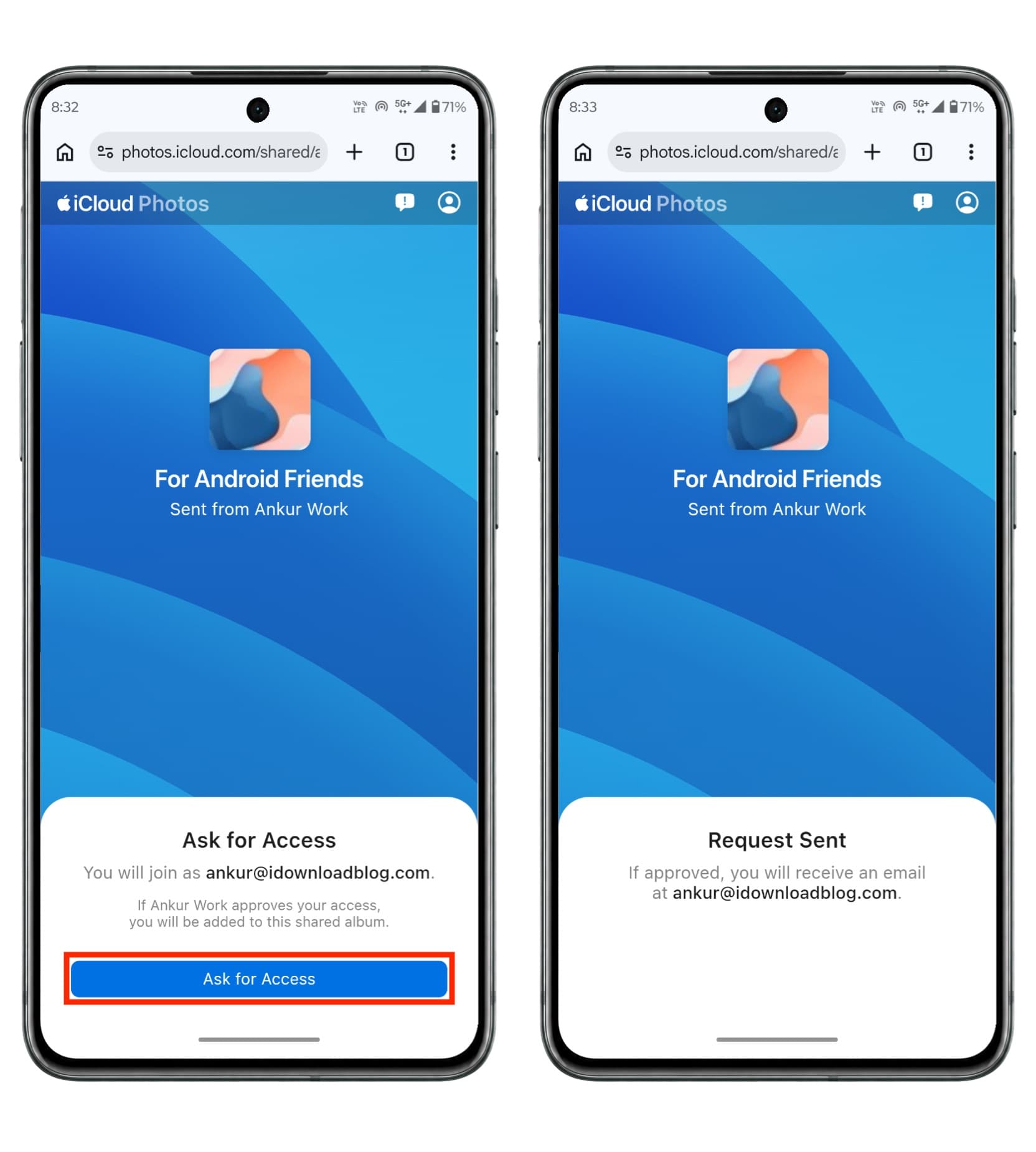 Android user asking for access for iCloud shared album