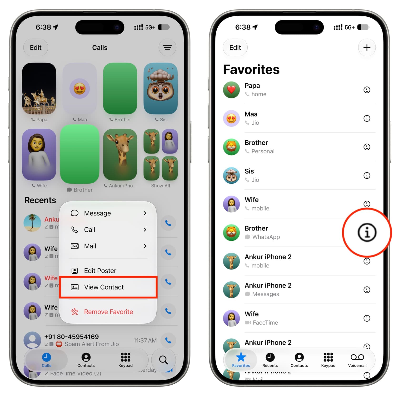 View full details of a Favorite contact on iPhone