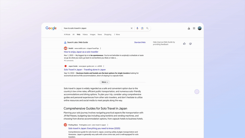GIF demonstrating Google's new 'Web Guide' mode for Search.