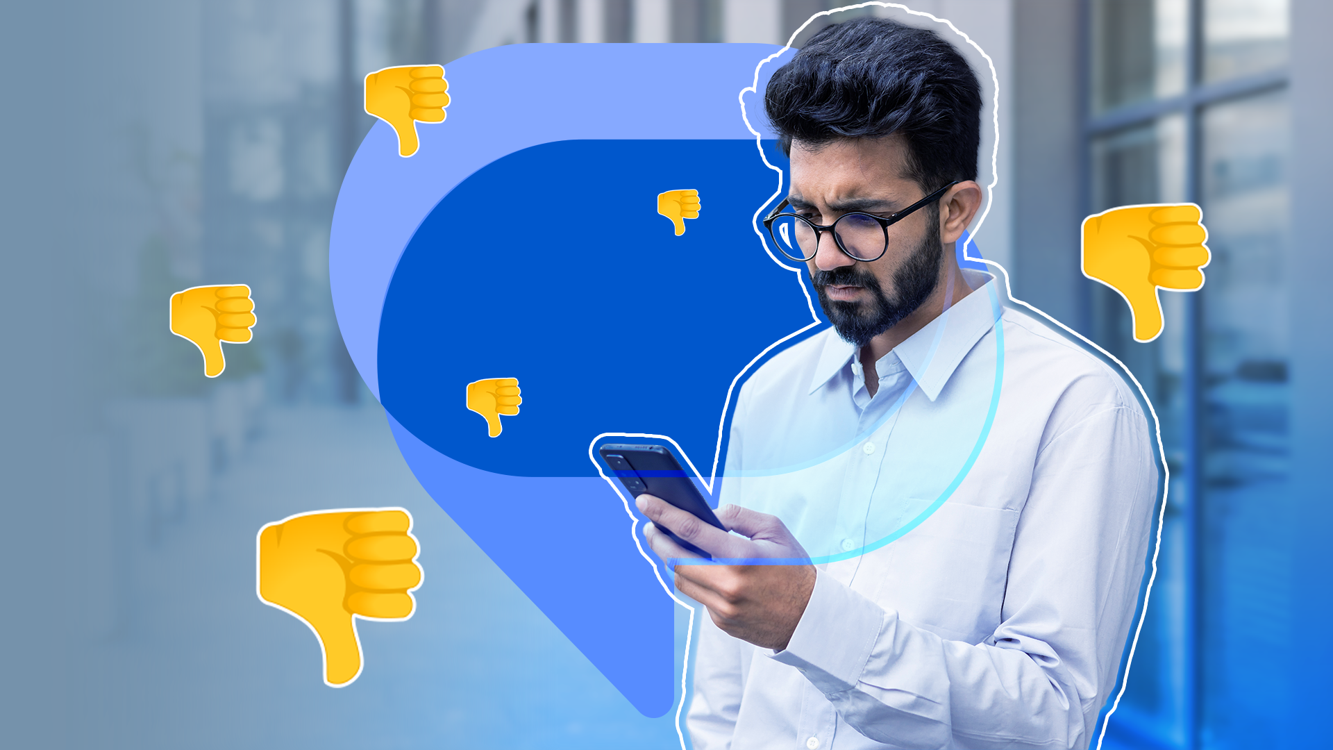 An unhappy man using his phone with the Google Messages logo in the background and several thumbs down around it.