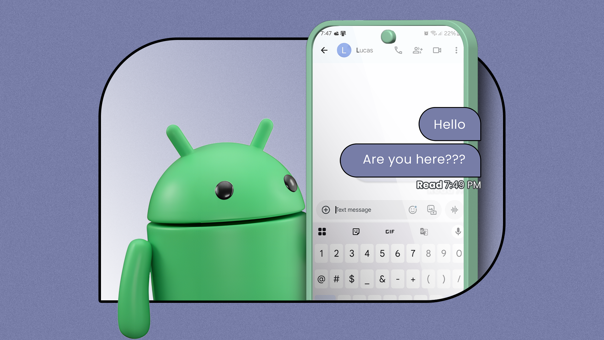 Android mascot looking at a phone displaying a sent and read message.