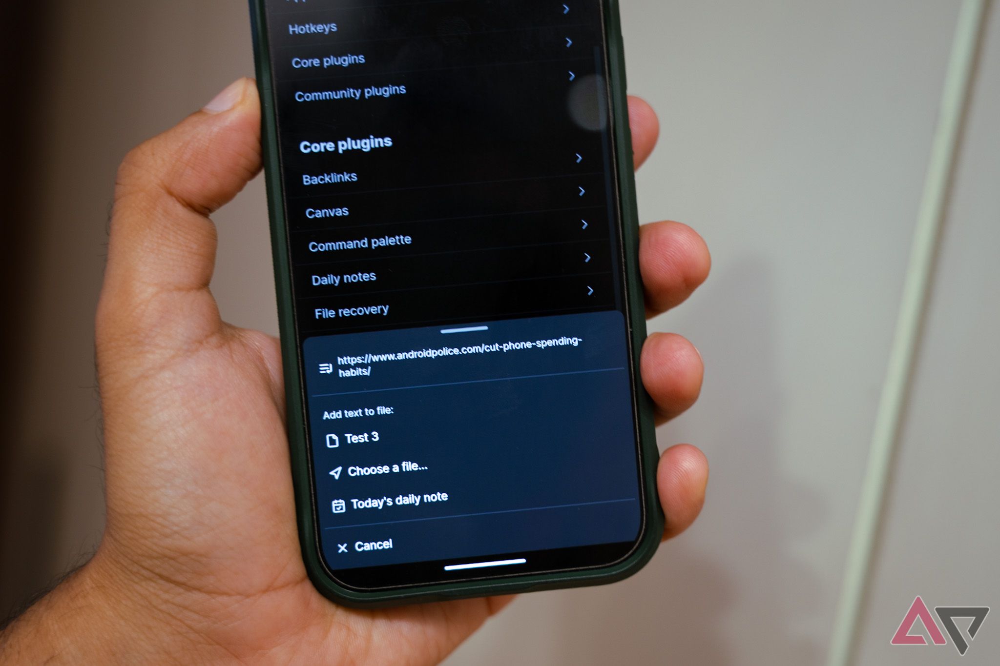 AN Android phone displaying the Obsidian share sheet
