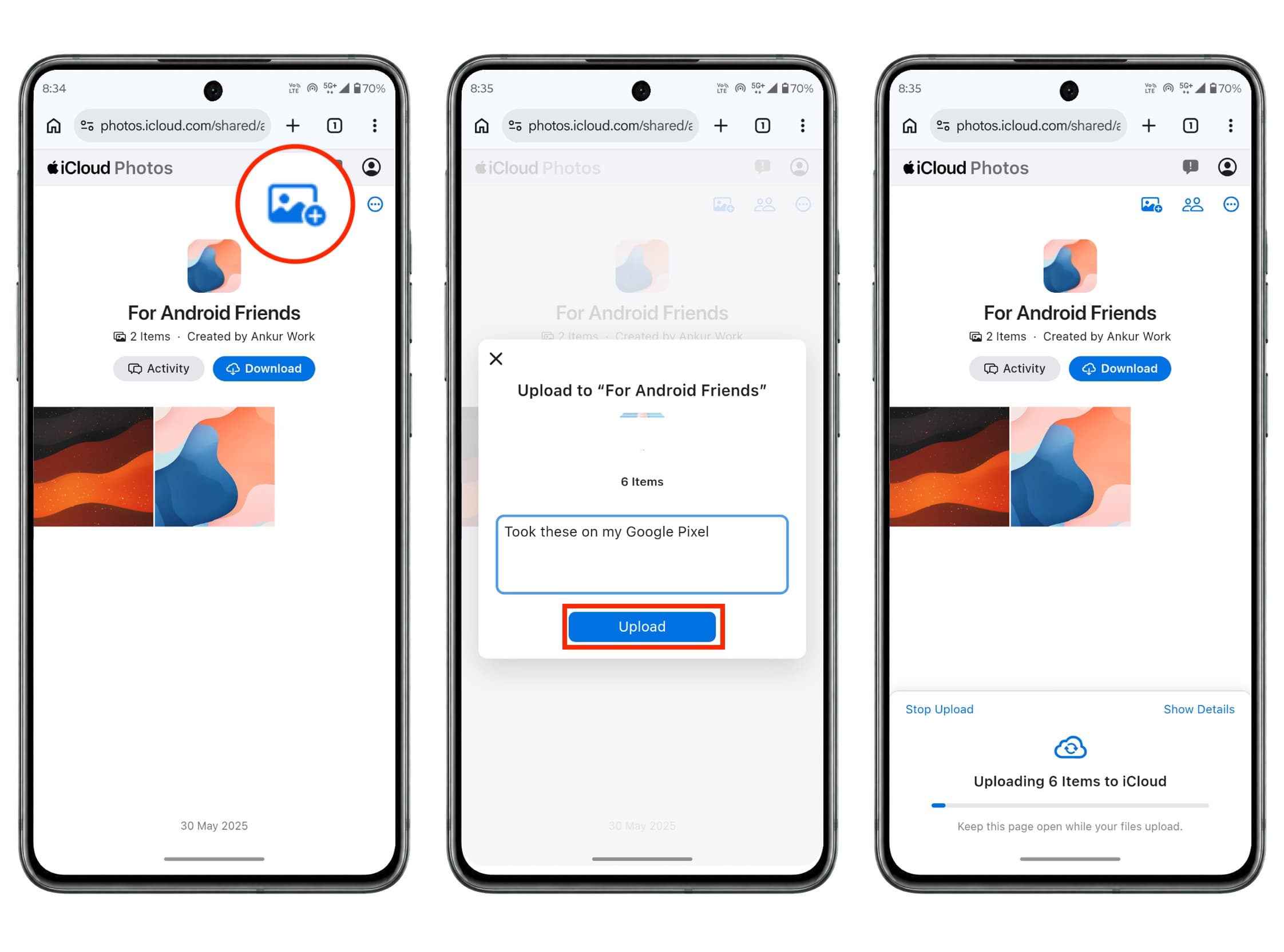 Android user uploading photos to shared iCloud album