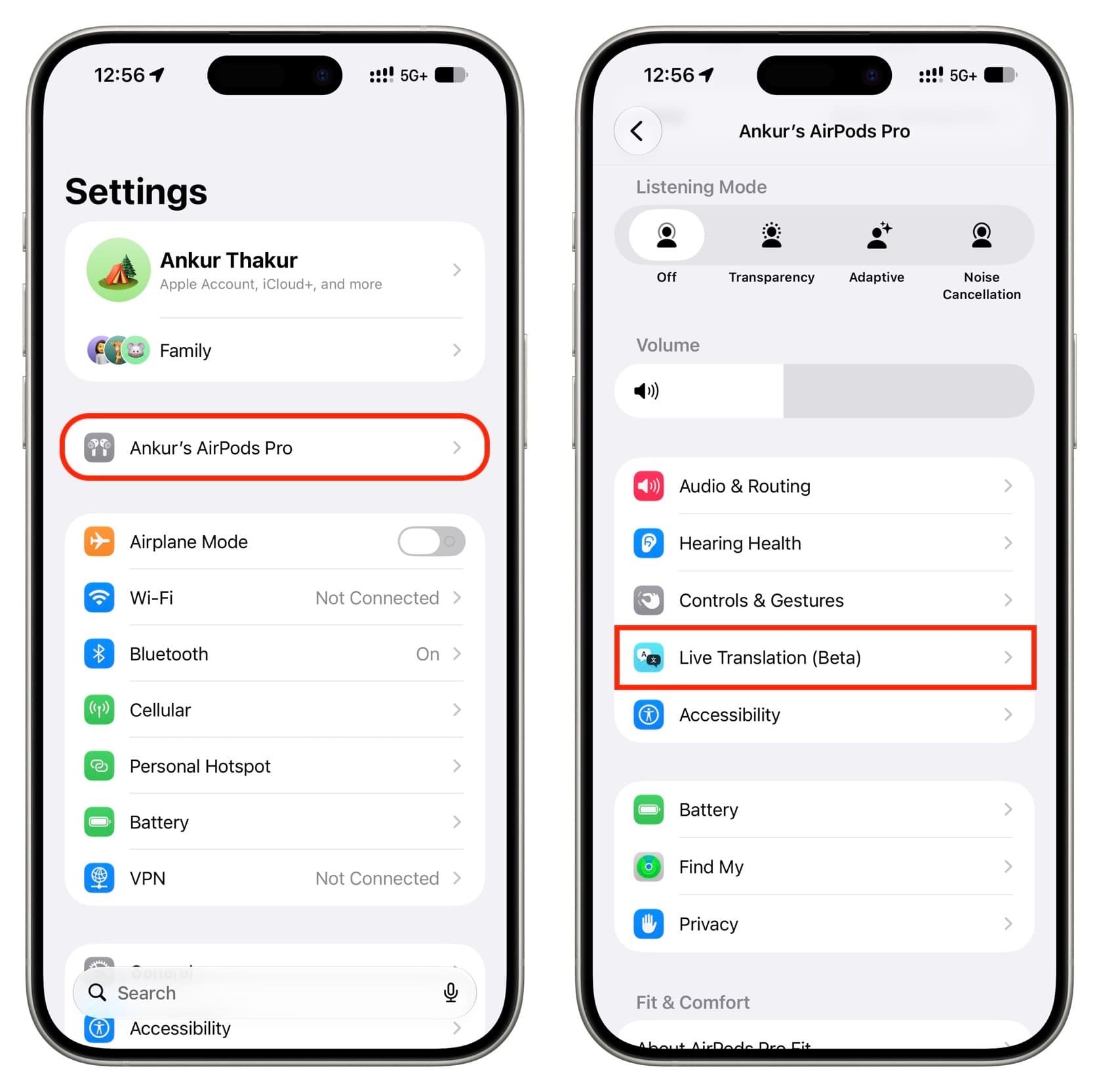 Live Translation (Beta) in AirPods Settings on iPhone