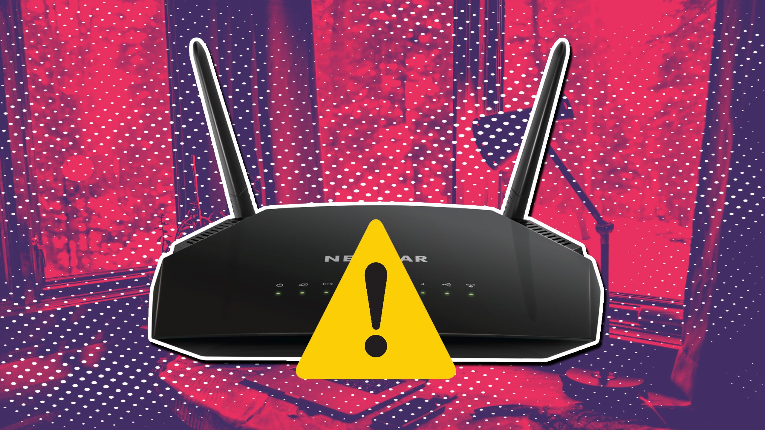 Netgear router with a caution sign in the middle over a patterned blue and red background